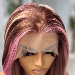 Rosélle Rose Brown & Pink Highlight Lace Front Wig | Luxury Straight Synthetic Wig - EstelleLuxeWigs