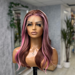 Rosélle Rose Brown & Pink Highlight Lace Front Wig | Luxury Straight Synthetic Wig - EstelleLuxeWigs