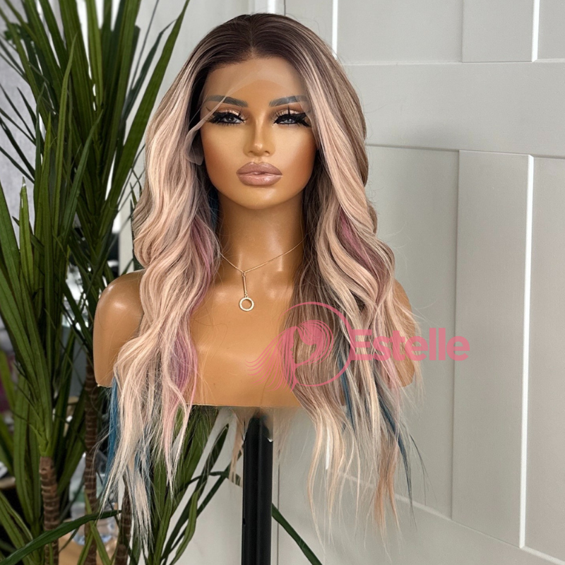 Rooted Pastel Pink Mix Wavy Synthetic Lace Front Wig – FLEUR - EstelleLuxeWigs