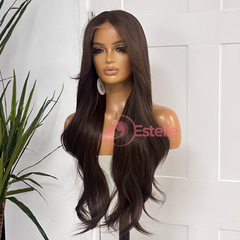 Chocolate Brown Synthetic Lace Front Wig | Layered, Curtain Bangs-SORRIE - EstelleLuxeWigs