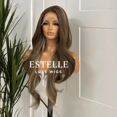 Long Balayage Synthetic Lace Front Wig | Warm Brown with Blonde Highlights-Sorrie - EstelleLuxeWigs