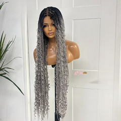 Ombre Grey Long Boho Braided Full Lace Wig -BRASKA T1B/GREY - EstelleLuxeWigs