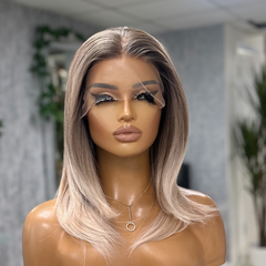 Skye- Ash Blonde 13x6 Lace Front Wig | Pink Hue, Mid Brown Root - EstelleLuxeWigs