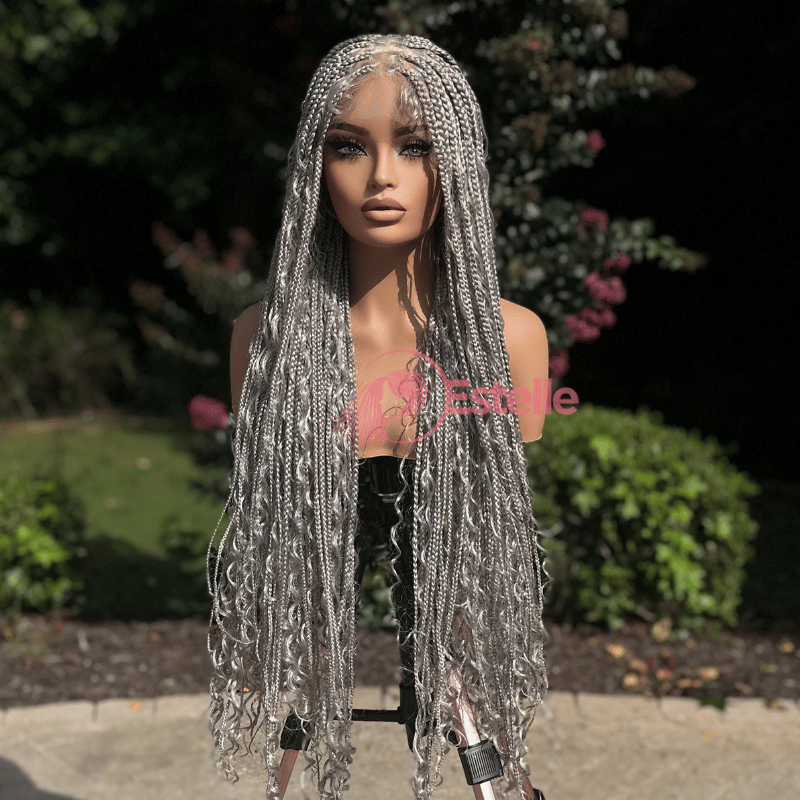 Grey/Silver Braided Synthetic Long Full Lace Wig | Boho Style with Baby Hair -Braska - EstelleLuxeWigs