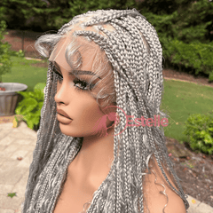 Grey/Silver Braided Synthetic Long Full Lace Wig | Boho Style with Baby Hair -Braska - EstelleLuxeWigs