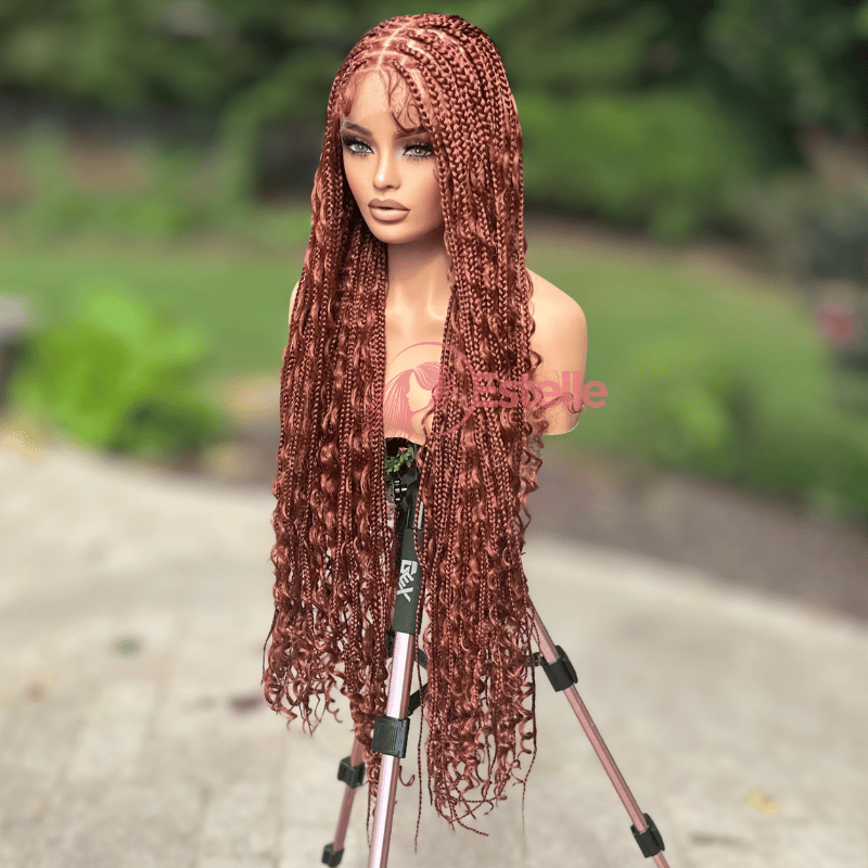 Dark Copper Red  Braided Synthetic Long Full Lace Wig | Boho Style with Baby Hair -Braska - EstelleLuxeWigs