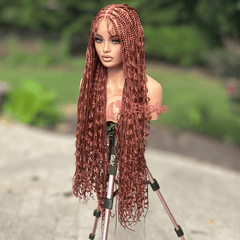Dark Copper Red  Braided Synthetic Long Full Lace Wig | Boho Style with Baby Hair -Braska - EstelleLuxeWigs