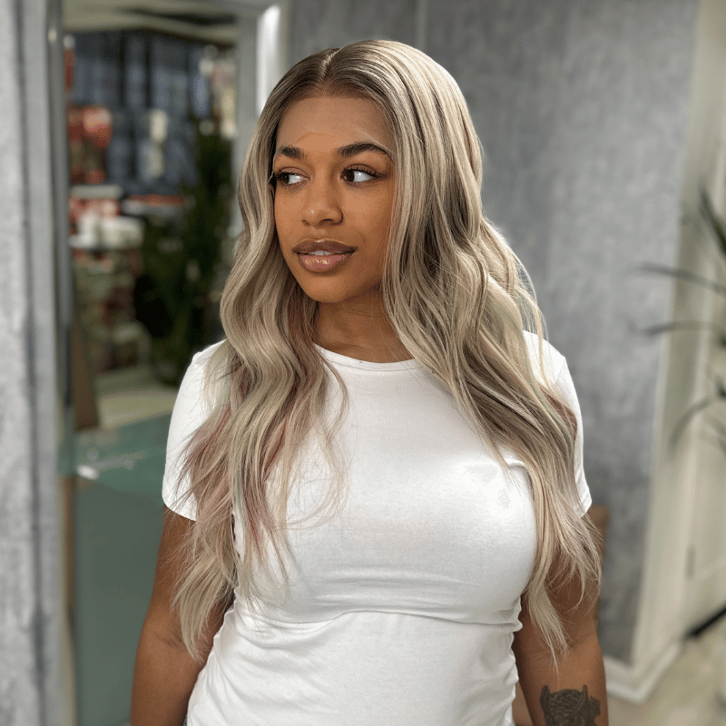 Aurelie Blush Rooted Ash Blonde Lace Front Wig | Blush Highlight Wavy Wig - EstelleLuxeWigs
