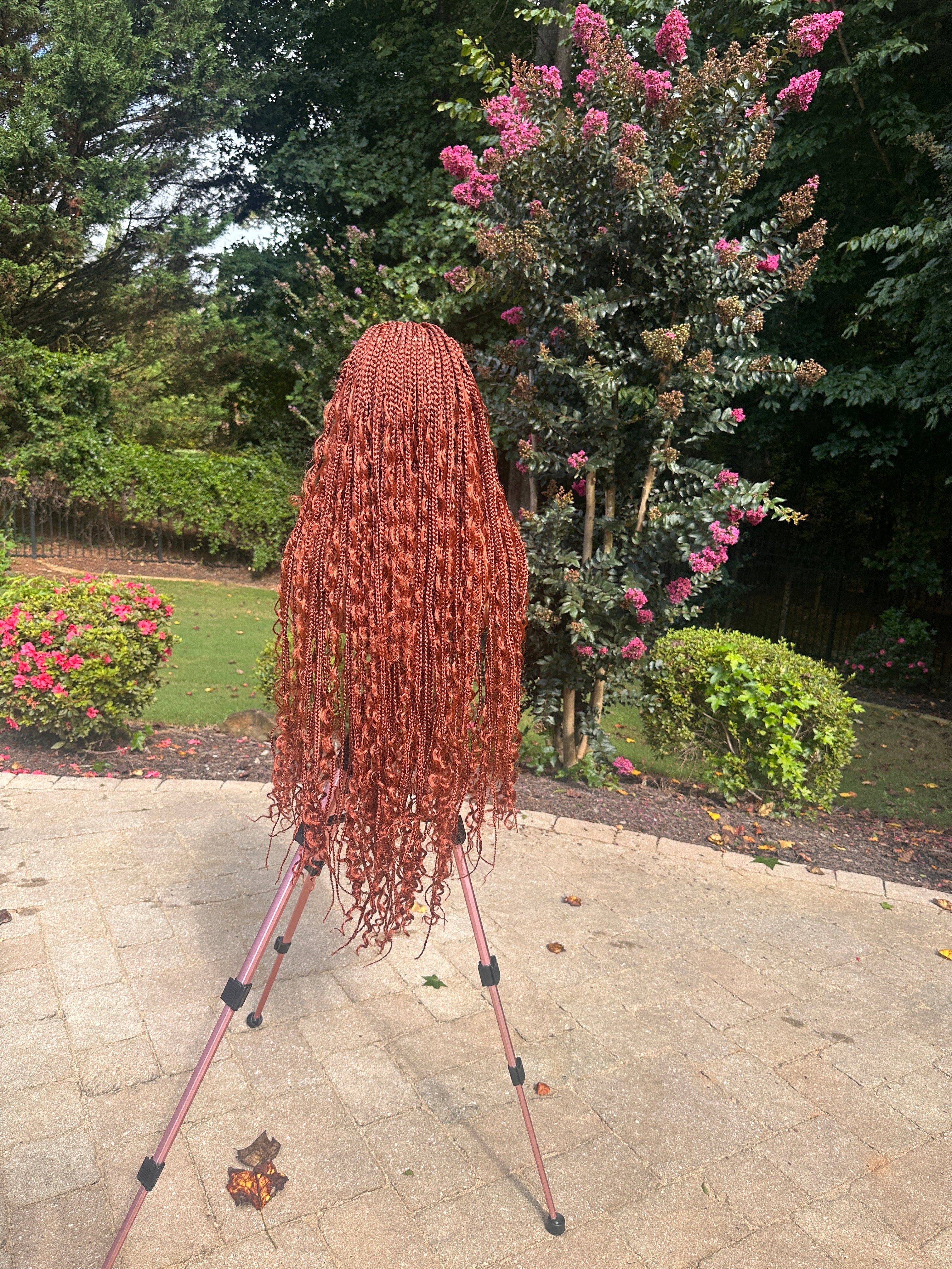 Dark Copper Red  Braided Synthetic Long Full Lace Wig | Boho Style with Baby Hair -Braska - EstelleLuxeWigs