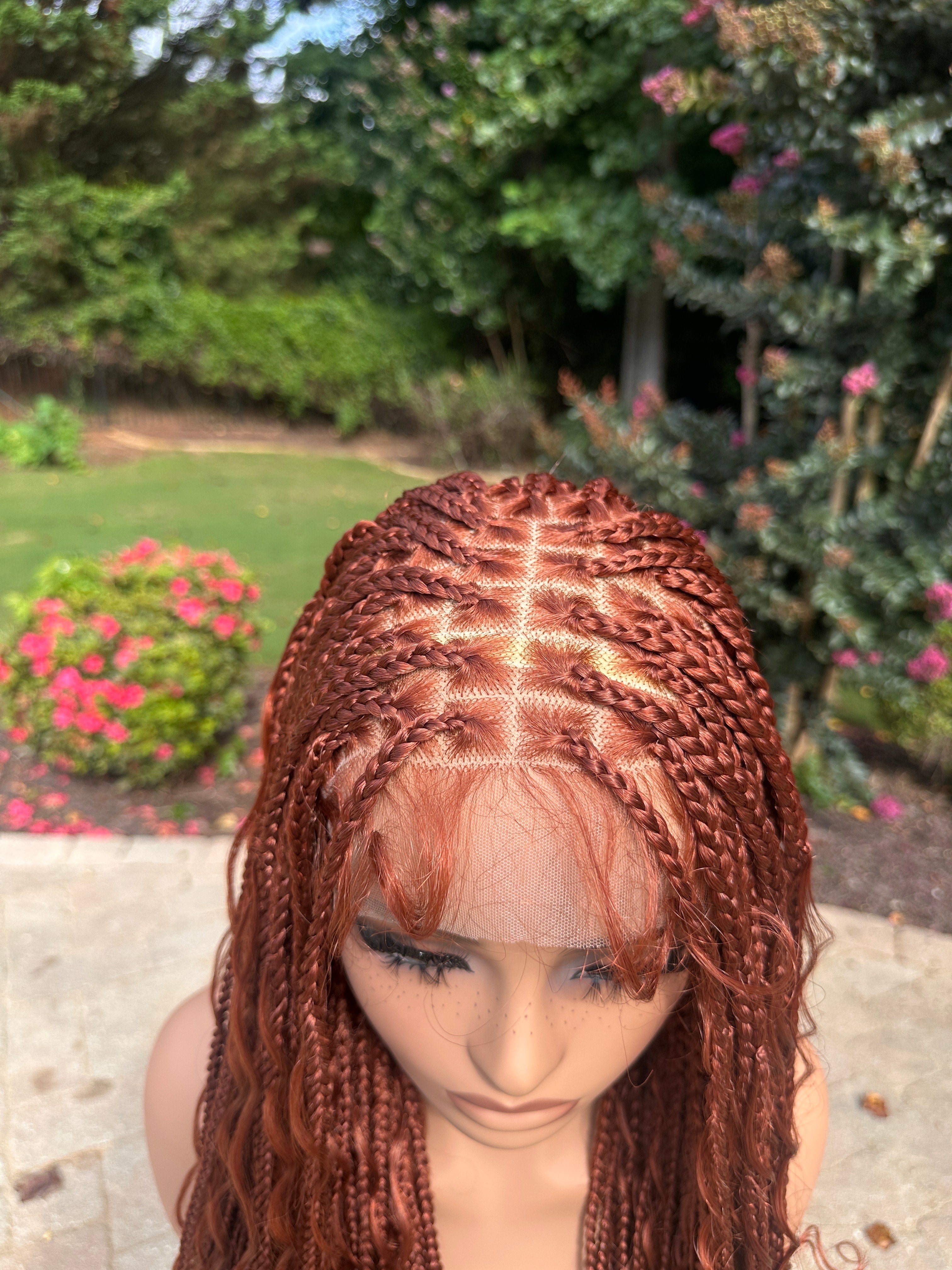 Dark Copper Red  Braided Synthetic Long Full Lace Wig | Boho Style with Baby Hair -Braska - EstelleLuxeWigs
