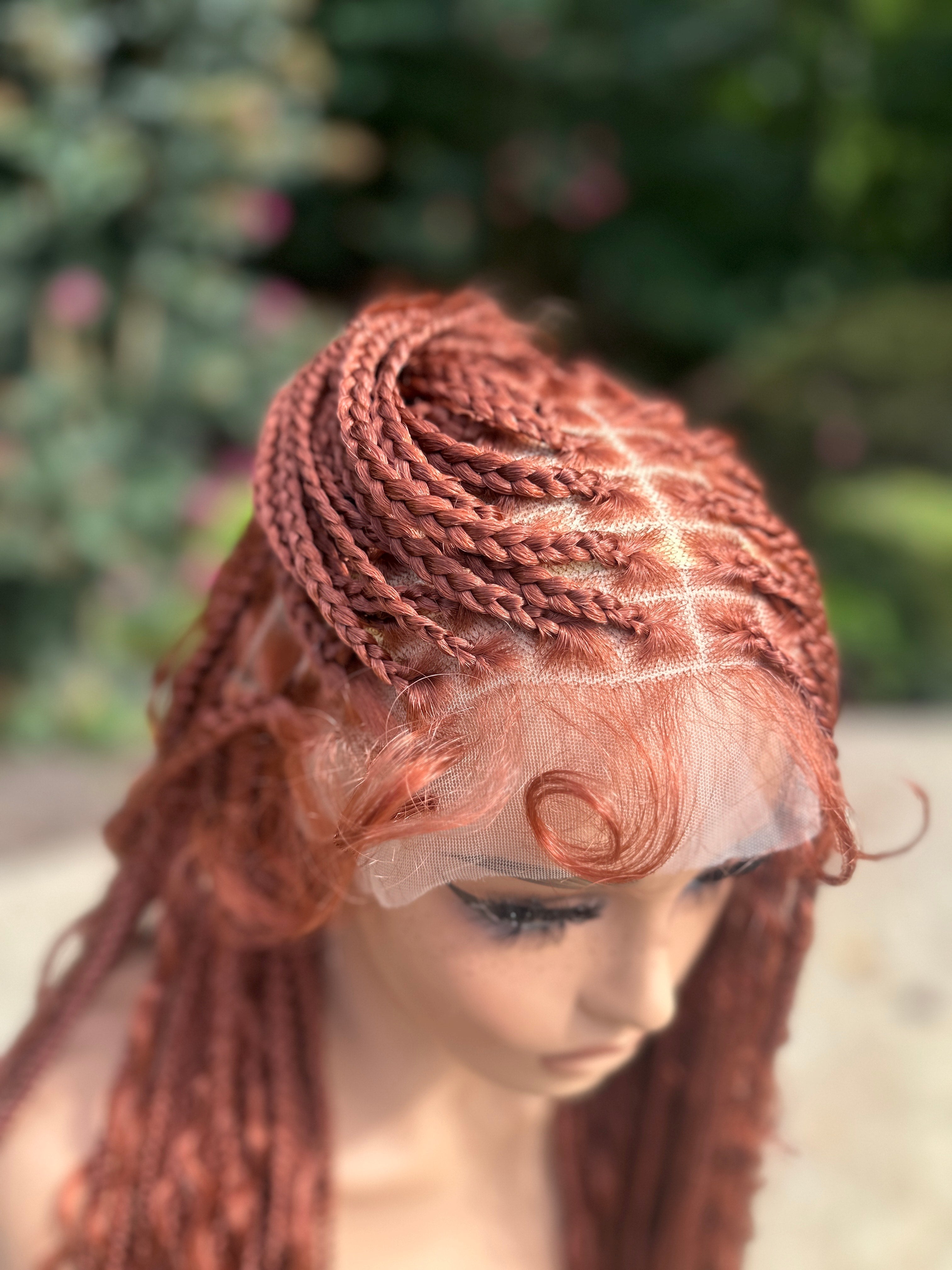 Dark Copper Red  Braided Synthetic Long Full Lace Wig | Boho Style with Baby Hair -Braska - EstelleLuxeWigs