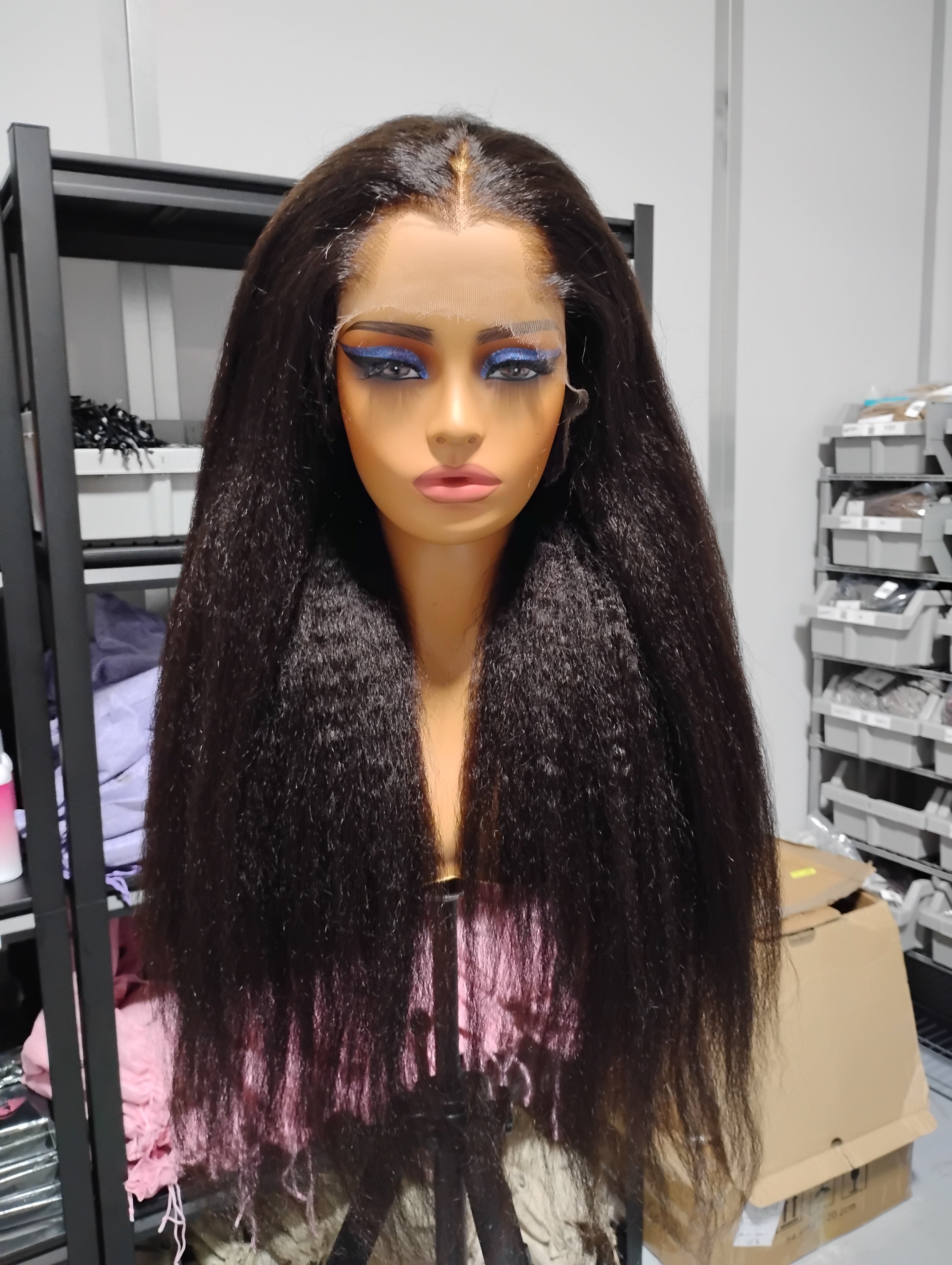 26” Natural Black Kinky Straight Virgin Human Hair Lace Front Wig-CASM1 - EstelleLuxeWigs