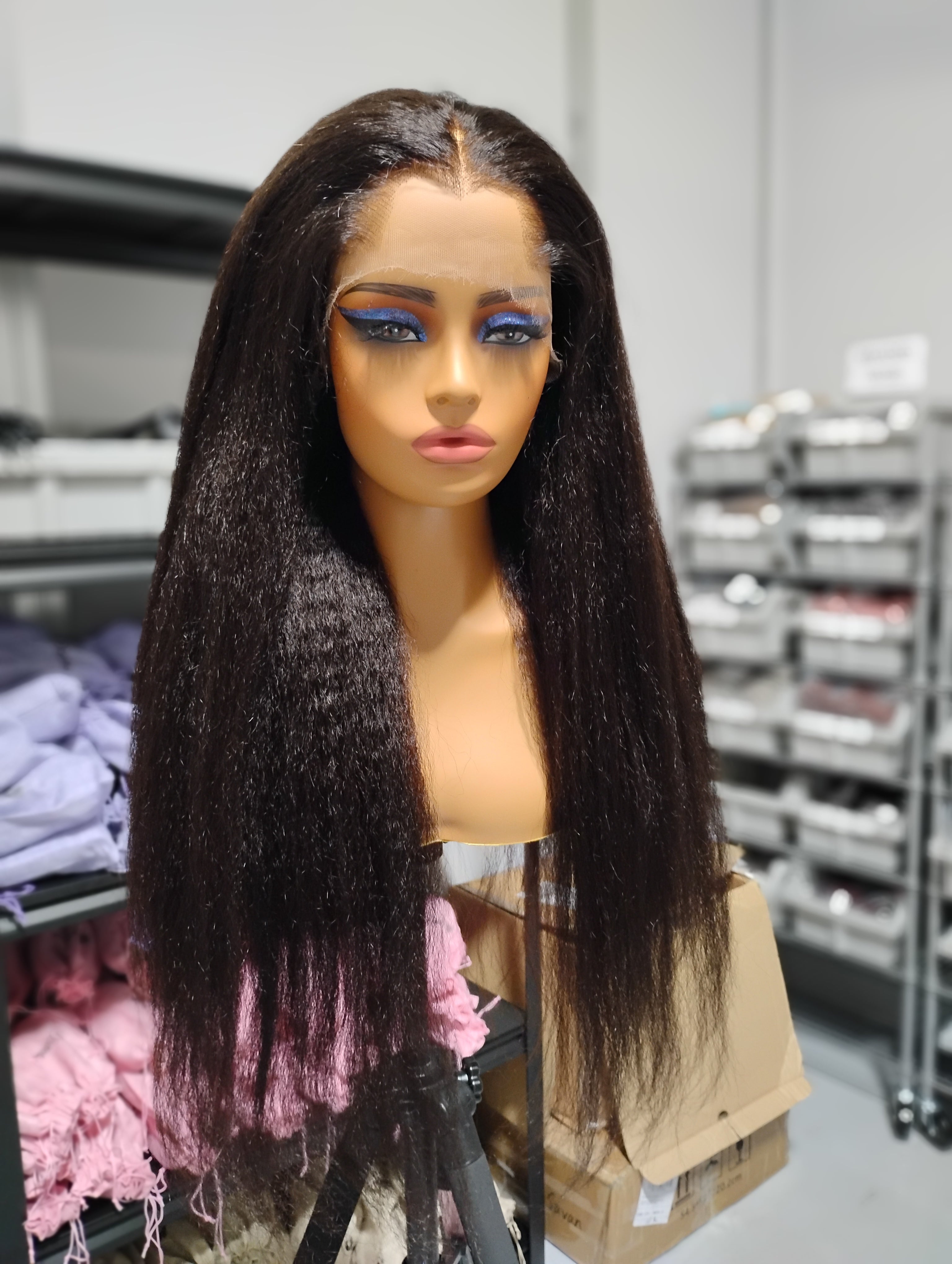 26” Natural Black Kinky Straight Virgin Human Hair Lace Front Wig-CASM1 - EstelleLuxeWigs