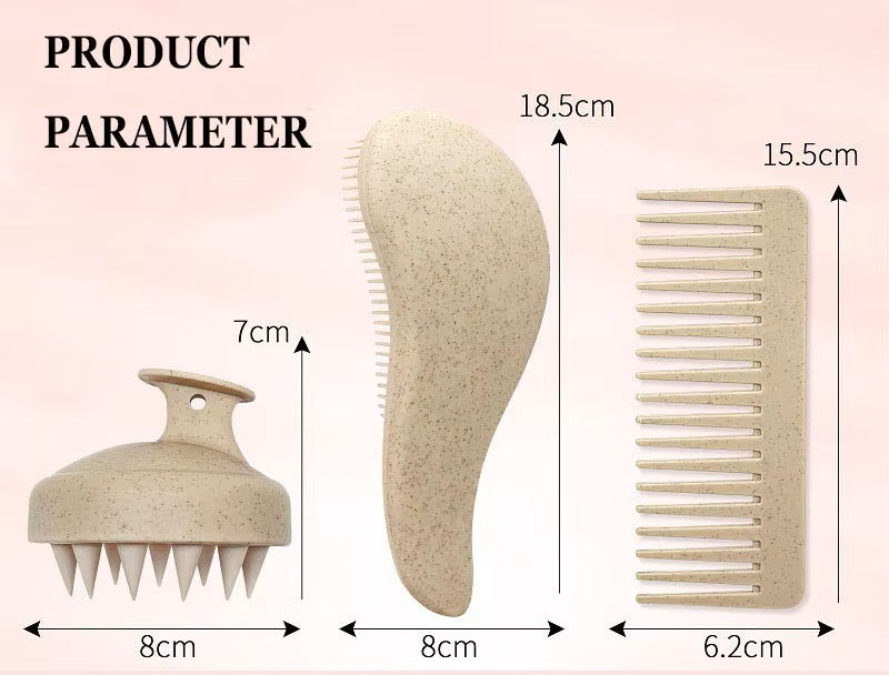 Beige hairbrush and comb set with measurements on a pink background
"Eco-friendly wheat straw detangler hair brush and scalp massager set"

"Anti-static detangling hair brush for smooth and shiny hair"

"Wheat straw scalp massager brush for healthy hair growth"

"Plastic detangler hair brush with ergonomic handle design"

"Multi-color eco-friendly detangler brush and scalp massage set"

"Sustainable ABS and TPEE hair brush for removing knots and tangles"

"Gentle scalp massager brush for reducing frizz and 