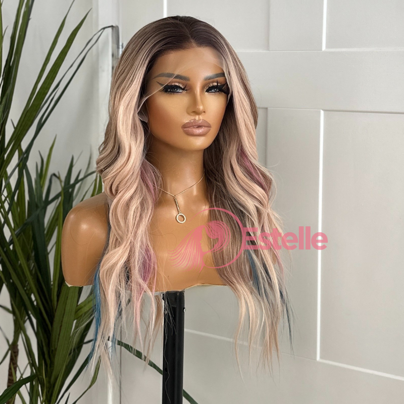 Rooted Pastel Pink Mix Wavy Synthetic Lace Front Wig – FLEUR - EstelleLuxeWigs