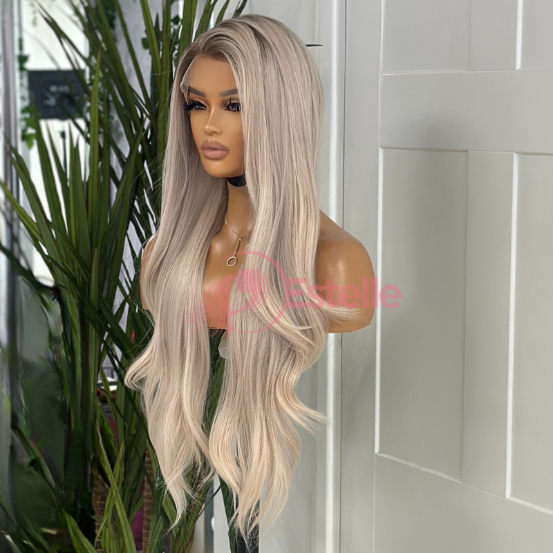 Long Straight  Blonde with Pink Hue & Ash Brown Root Synthetic Wig-DUCHESS/41P - EstelleLuxeWigs