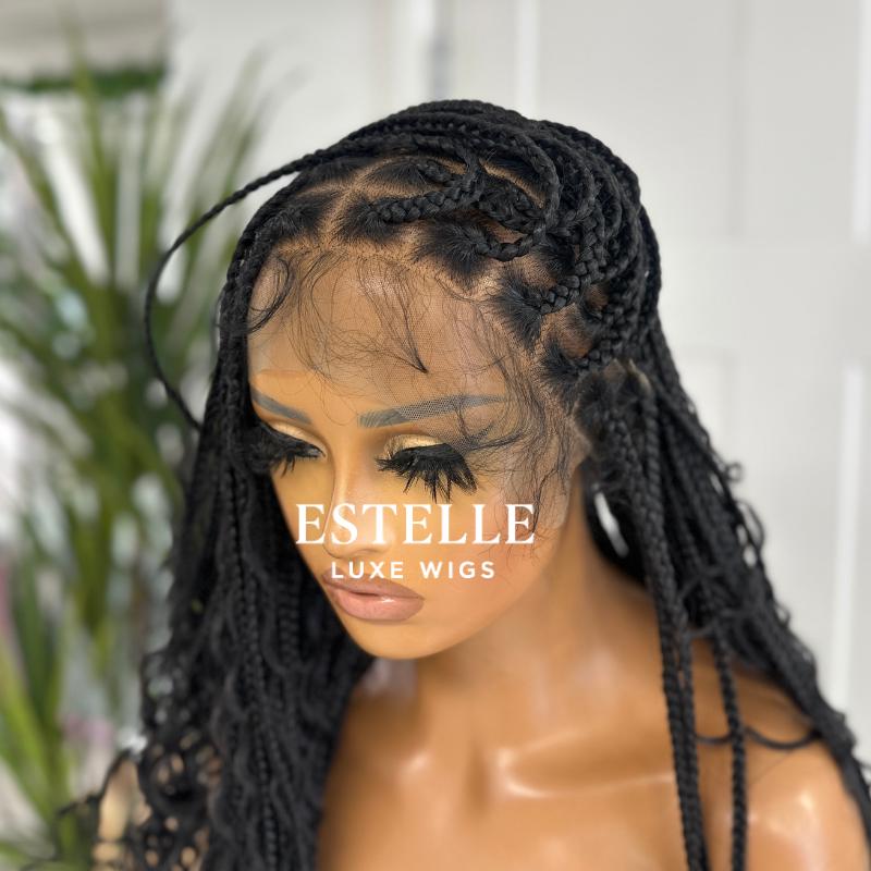 Natural Black  Braided Synthetic Long Full Lace Wig | Boho Style with Baby Hair -Braska - EstelleLuxeWigs