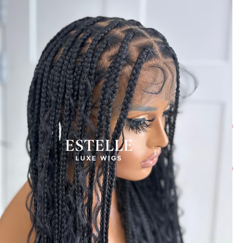 Natural Black  Braided Synthetic Long Full Lace Wig | Boho Style with Baby Hair -Braska - EstelleLuxeWigs