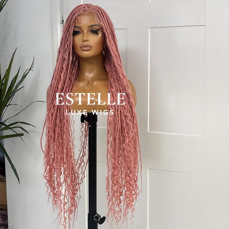 Pink Braided Synthetic Long Full Lace Wig | Boho Style with Baby Hair -Braska - EstelleLuxeWigs
