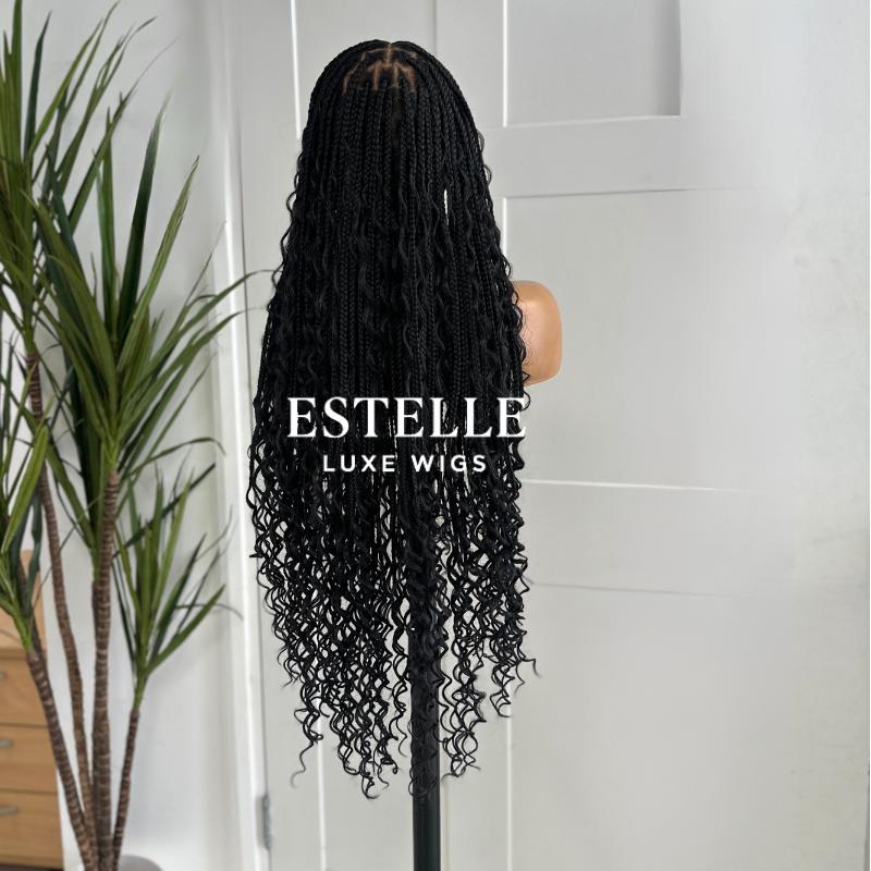 Natural Black  Braided Synthetic Long Full Lace Wig | Boho Style with Baby Hair -Braska - EstelleLuxeWigs