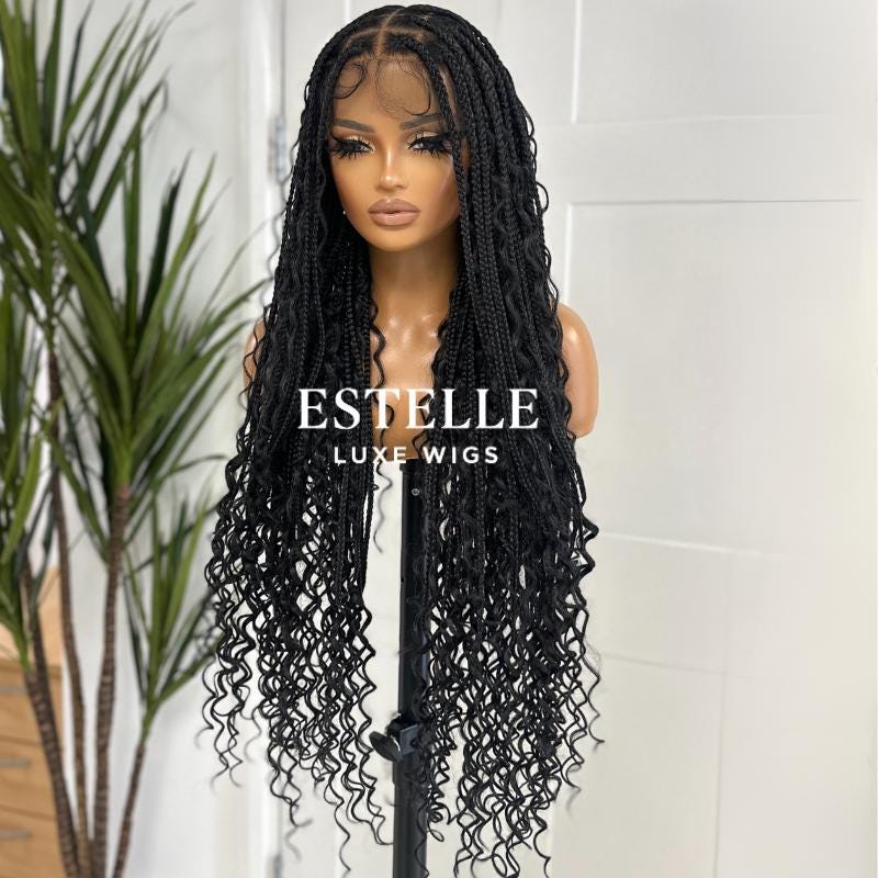 Natural Black  Braided Synthetic Long Full Lace Wig | Boho Style with Baby Hair -Braska - EstelleLuxeWigs