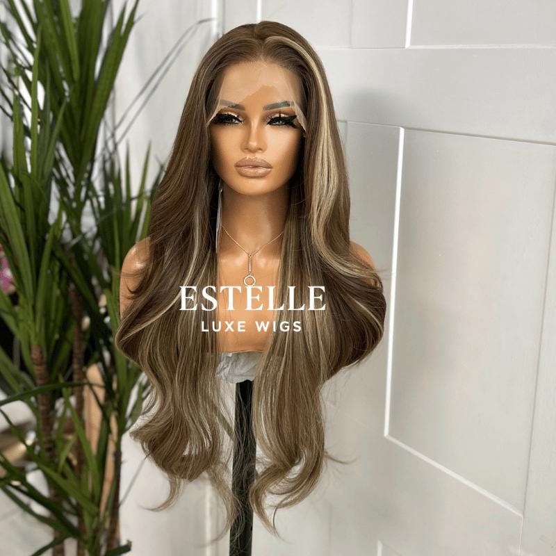 Long Balayage Synthetic Lace Front Wig | Warm Brown with Blonde Highlights-Sorrie - EstelleLuxeWigs