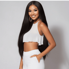 20'' Long Straight Virgin Human Hair, Natural Black  Swiss Lace Closure Wig -Liz/01 - EstelleLuxeWigs
