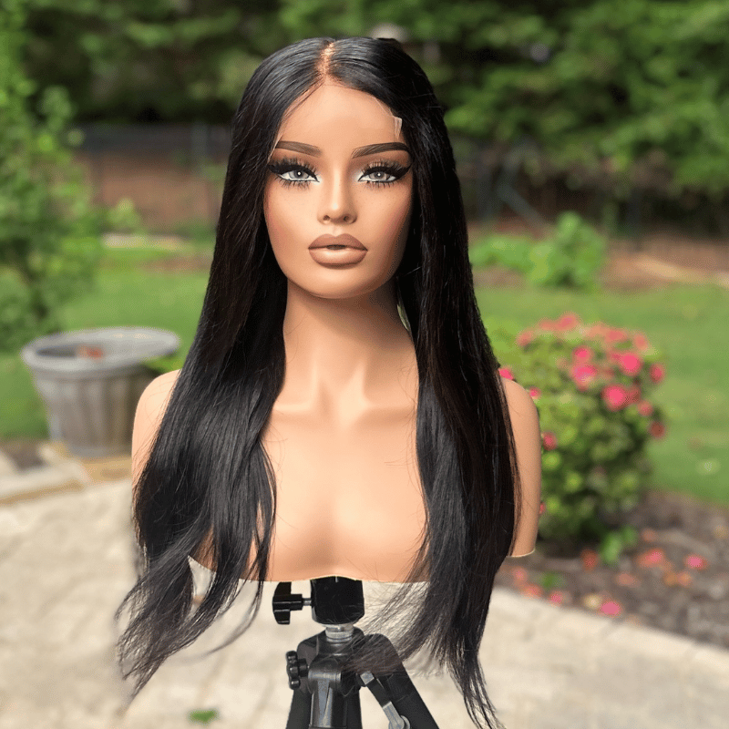20'' Long Straight Virgin Human Hair, Natural Black  Swiss Lace Closure Wig -Liz/01 - EstelleLuxeWigs