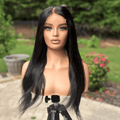 20'' Long Straight Virgin Human Hair, Natural Black  Swiss Lace Closure Wig -Liz/01 - EstelleLuxeWigs